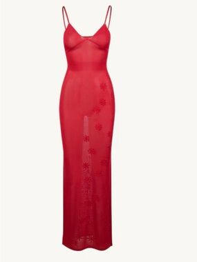 Red Sheer Maxi Slip Dress with Floral Appliqué